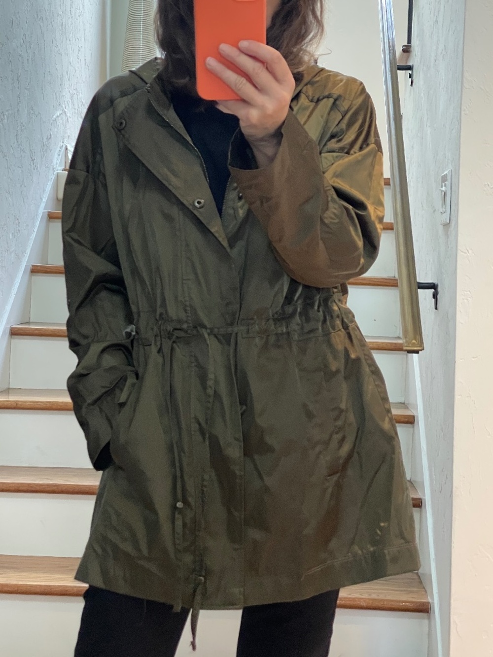 Dana Buchman hooded satin green olive rain jacket women M